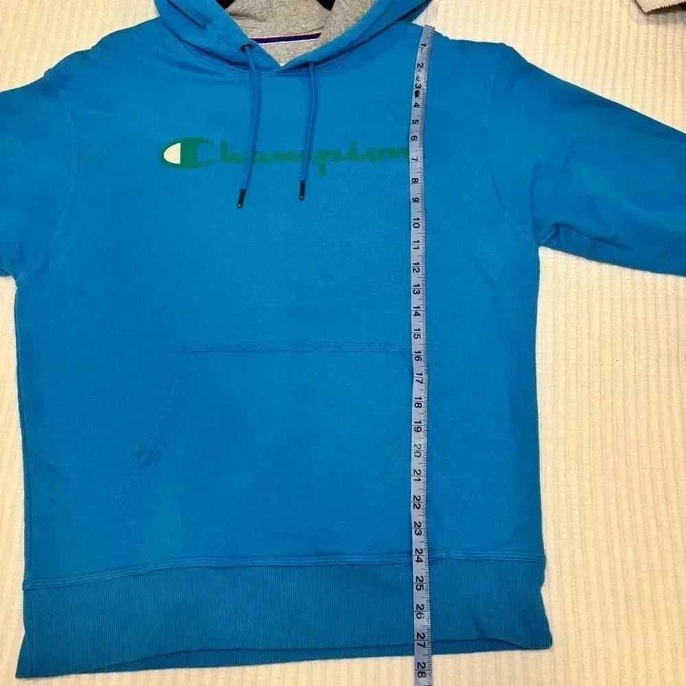 Champion Blue Hoodie with Green Logo Grey Lined Hood Size Medium